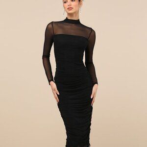 BRAND NEW*Lulus Impressive Flirt Black Mesh Ruched Mock Neck Midi Dress - Size L